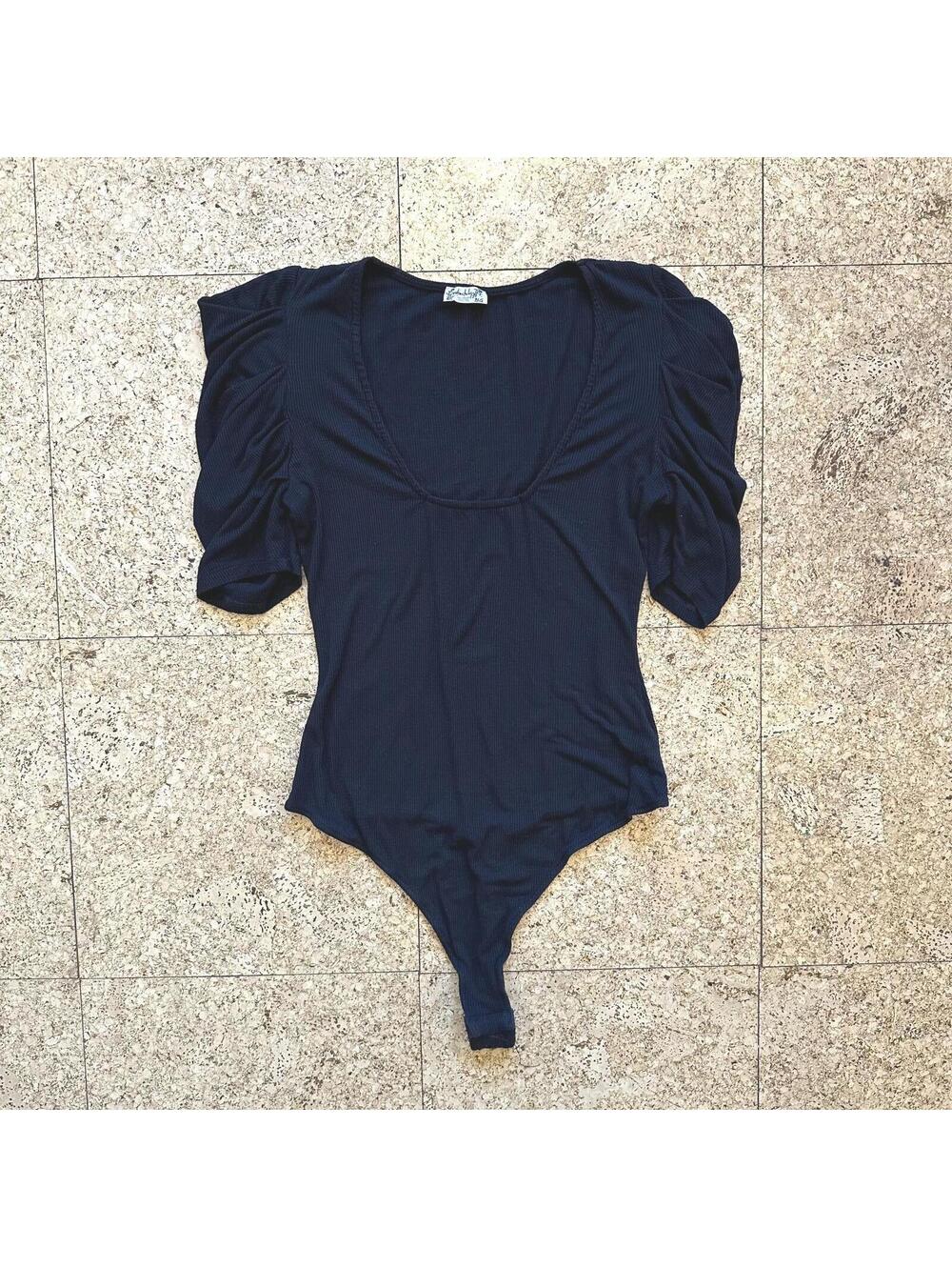 INTIMATELY FREE PEOPLE Bodysuit Black Women's Small Puff Sleeve Scoop Neck